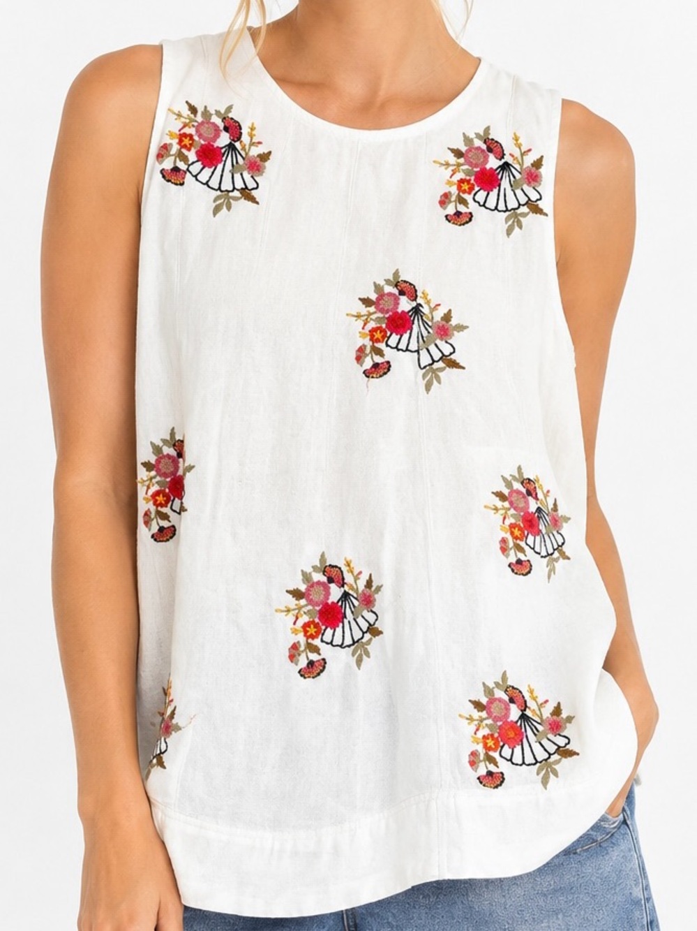Free People Strada Embroidered Top Ivory Medium Boho Cottagecore Tank